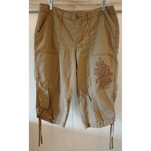 Y2K Faded Glory Capri Tan Embroidered Flower Linen Cotton Blend Casual 10 12